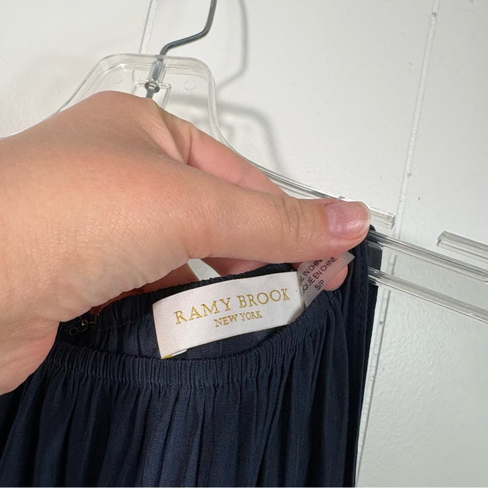 Ramy Brook NY Navy Blue Satin Ruched Bottom Sleeveless Blouse Small S Business - Picture 2 of 6